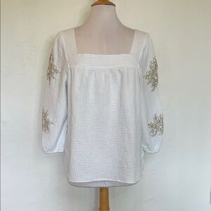 JM Collection Women's Top White Cotton Gauze Floral Embroidery Blouse Sz XL